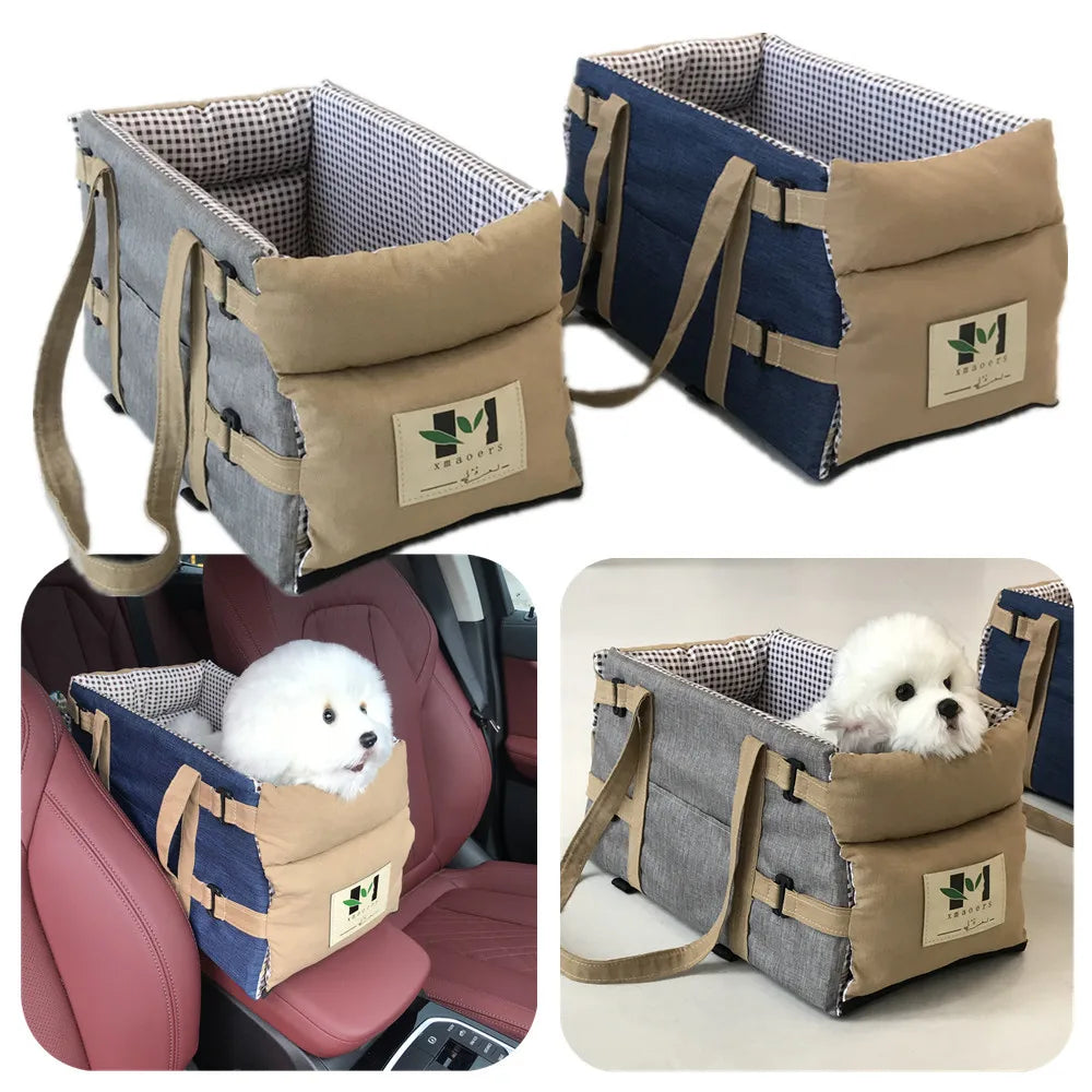 Portable dog car seat for center console, made of canvas and waterproof Oxford fabric, shown with a small white dog sitting comfortably inside.
